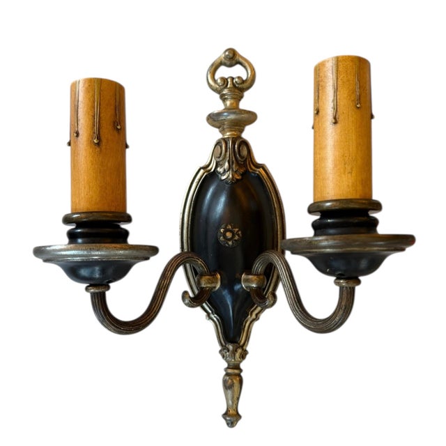 American 1920s Original Patina Black Painted and Silver Plated Double Wall Sconces For Sale - Image 3 of 5