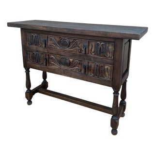 Spanish Hand Carved Console With Two Drawers, 1930s For Sale