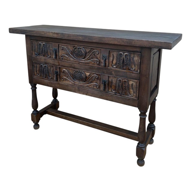 Spanish Hand Carved Console With Two Drawers, 1930s For Sale