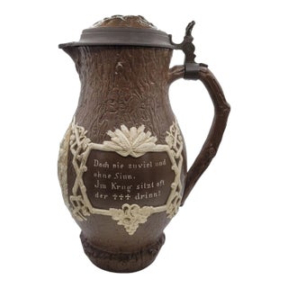 Antique Mettlach Villeroy & Boch Pitcher #1028 — Oak & Verse Stein, 14" For Sale