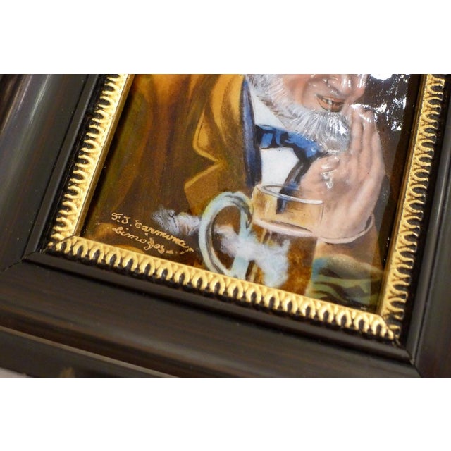 Small painting representing a man whispering a secret, with a slightly malicious air, in front of a pint of beer Made in...
