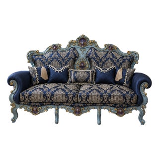 French Rococo Blue Damask Sofa – Grand 3-Seater Sofa With Hand-Gilded Celeste Frame & Ornate Carving For Sale