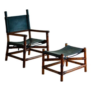 Set of Bamboo Lounge Set with Chair and Ottoman, 1970s For Sale