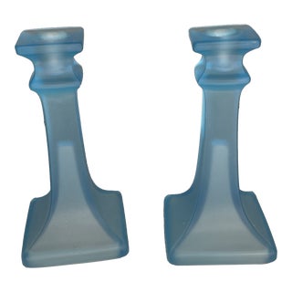 Tiffin Blue Glass Candlestick Holders- a Pair For Sale