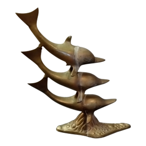 1980s Brass Stacked Dolphins on Wave Crest Figurine