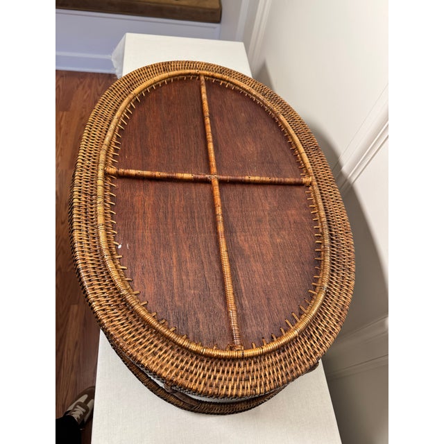Vintage Monumental Oval Wicker Rattan & Wood Double Handled Tray For Sale - Image 4 of 9