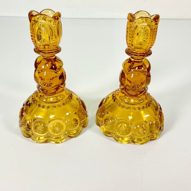 Indiana Glass Company Antique Art Deco Boho Chic Hollywood Regency Depression Era Amber Starbust Candle Holders - A Pair For Sale - Image 4 of 11