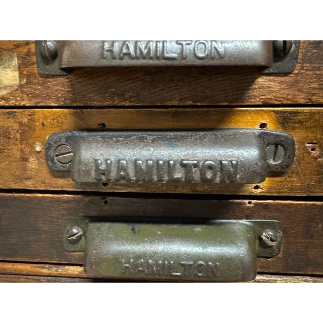 Wood Antique Hamilton Printer’s Flat File Cabinet With 17 Drawers For Sale - Image 7 of 12