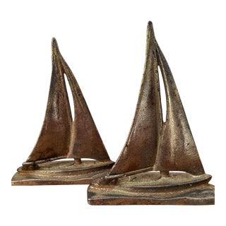 Pair of Vintage American Classic Sailboat Brass Bookends- 1960s For Sale