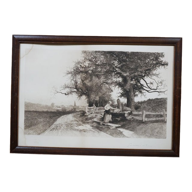 Antique Ernest C Rost Woman at Trough Panoramic Country Landscape Etching 22" For Sale
