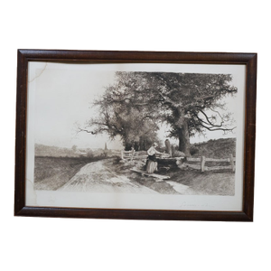 Antique Ernest C Rost Woman at Trough Panoramic Country Landscape Etching 22"
