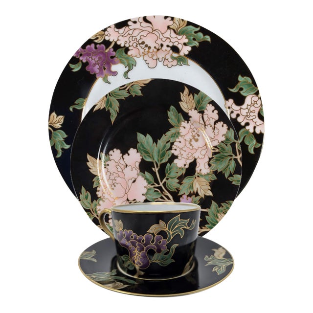 Fitz & Floyd Cloisonné Peony Ff 75, Black - Retired Collection of 4 Settings / Dinner Plates , Accent Plates and Four Cups With Saucers For Sale
