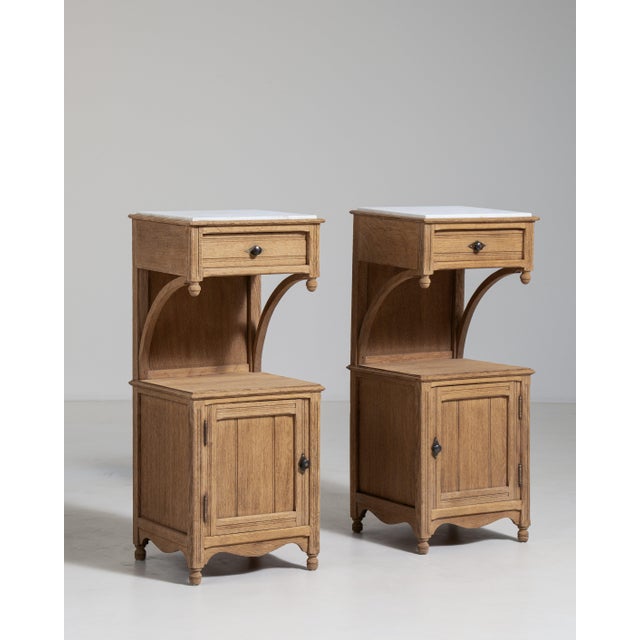 Tan Pair of Eclectic Oak Side Tables with Marble Tops, Antique, France, Circa 1900 For Sale - Image 8 of 15