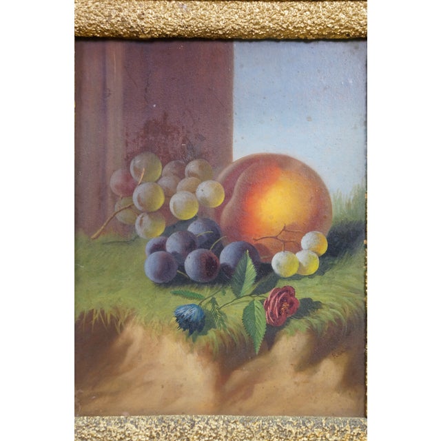 Late 19th Century Antique Carducius Ream Peach Grapes Flowers Still Life Oil Painting on Board 15" For Sale - Image 5 of 12