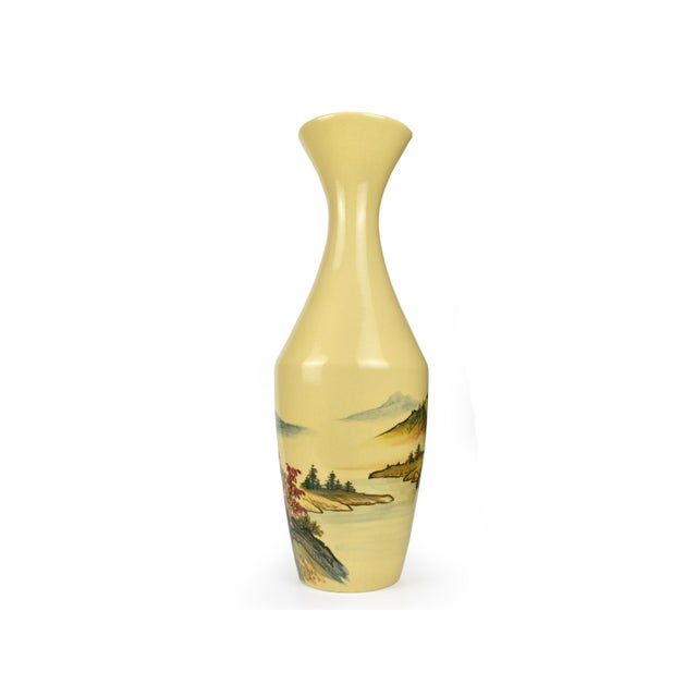 Mid 20th Century Tall Mustard Yellow Crackle Glazed Hand Painted Shan Shui Landscape With Calligraphy Poem Porcelain Vase For Sale - Image 4 of 11