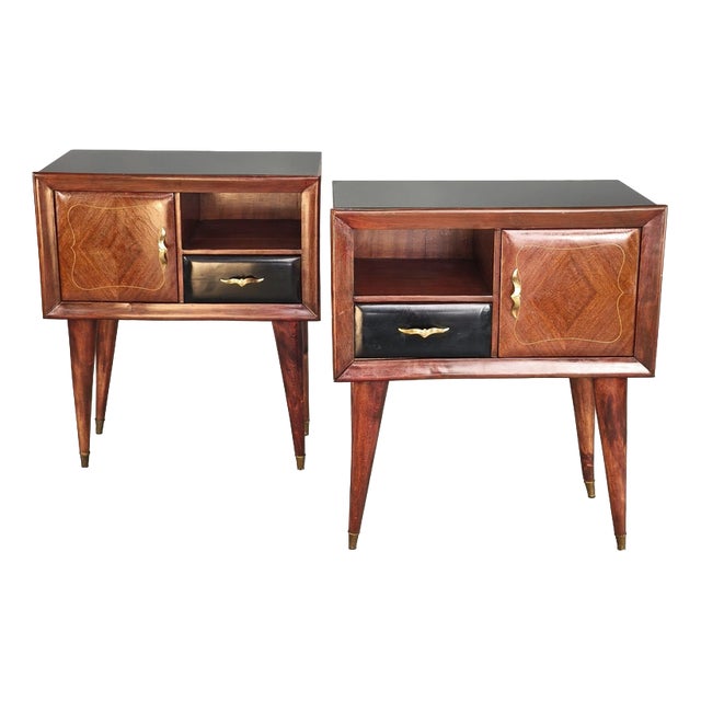 Mahogany and Black Glass Bedside Tables, 1950s, Set of 2 For Sale