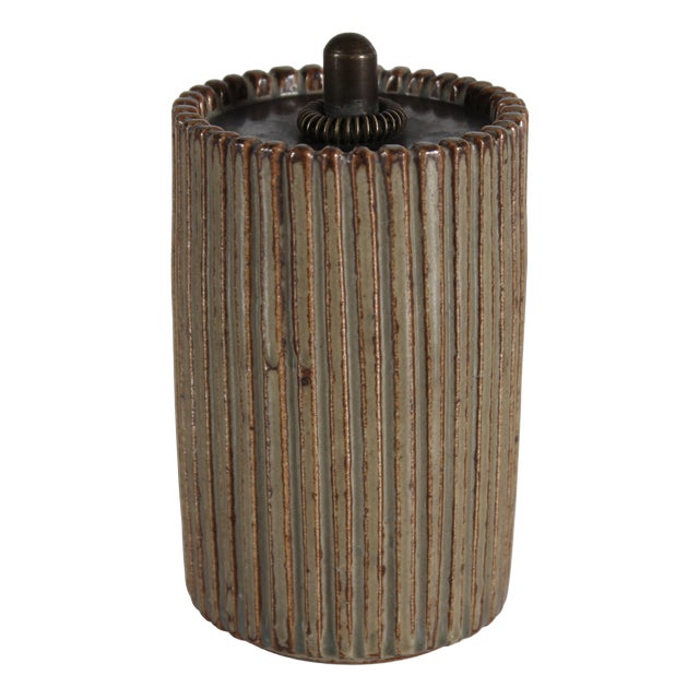 Art Deco Grooved Stoneware Model 117 Jar with Bronze Lid by Arne Bang, Denmark, 1930s For Sale