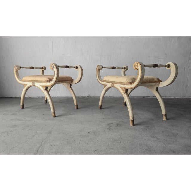 Hollywood Regency Pair of Antique Italian Neoclassical Style Curule Stools For Sale - Image 3 of 8