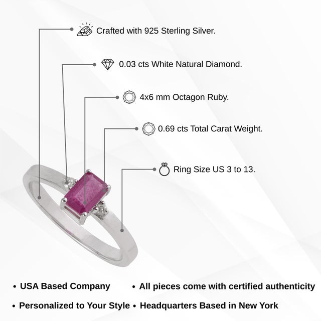 Dainty 0.69 Ct Octagon Ruby & Diamond Three Stone Ring in 925 Sterling Silver Size 6 For Sale - Image 11 of 14