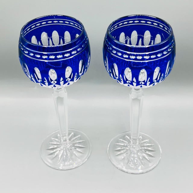 Hollywood Regency Vintage Crystal Clarendon Hock Wine Glasses from Waterford, Blue Cut in Clear, 1980s, Set of 2 For Sale - Image 3 of 16