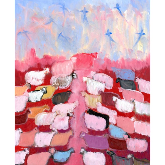 A modern abstract pastoral landscape An elegant, abstract oil painting of birds, sheep and angels in nature executed in a...