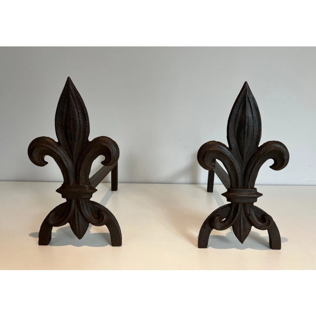 Fleurs de Lys Cast Iron and Wrought Iron Andirons - A Pair For Sale - Image 4 of 12