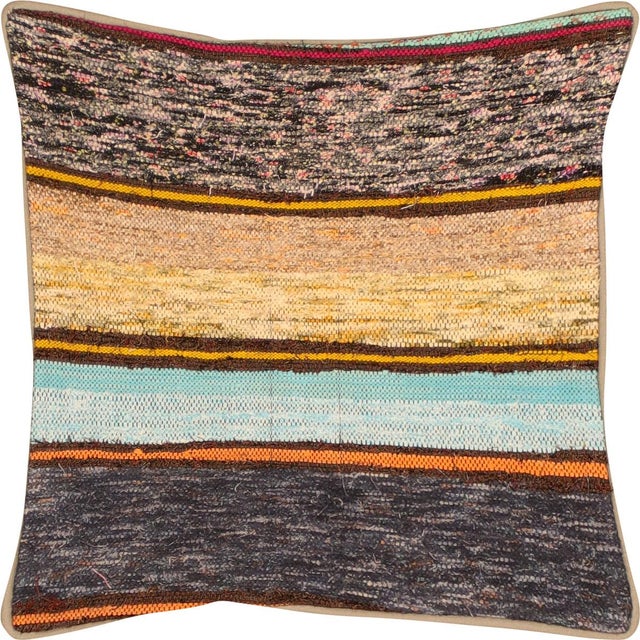 1960s Turkish Rag Pillow. Sewn with fragments of vintage hand made Anatolian cotton & linen kilims. Fiber fill. 523078