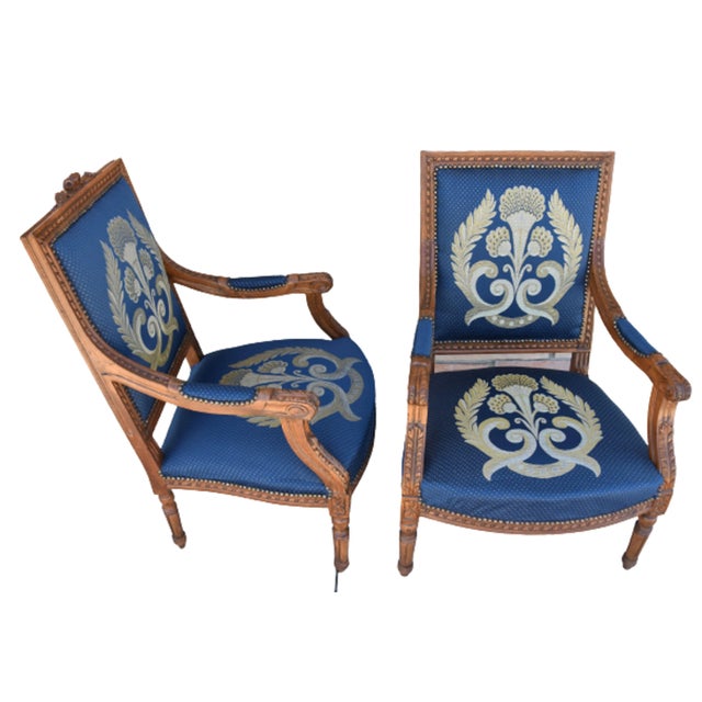 Antique Carved Oak Armchairs Upholstered in French Blue Silk Fabric W/ Gold & Silver Thread Accenting - Pair For Sale - Image 10 of 13