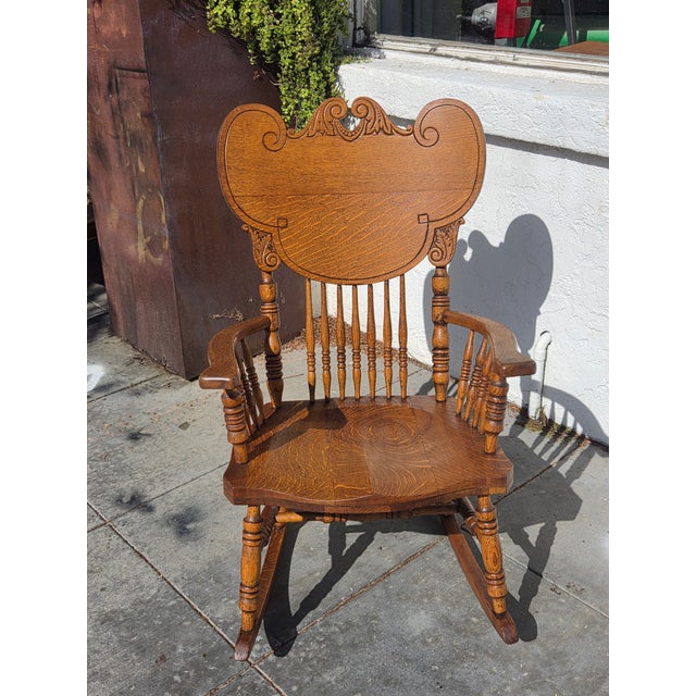 1890s Antique Oak Victorian Rocking Chair Larger Seat For Sale - Image 10 of 12