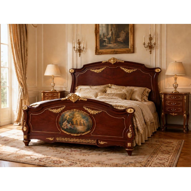 This impressive European-made bedframe dates to approximately 1950 and reflects the elegance of the Louis XVI Revival...