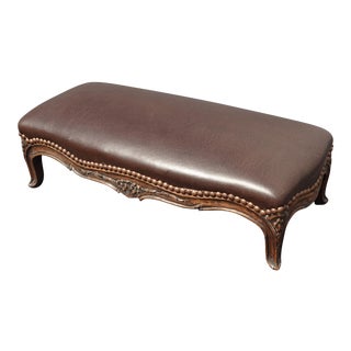 Vintage French Country Brown Long Footstool With Decorative Nails For Sale