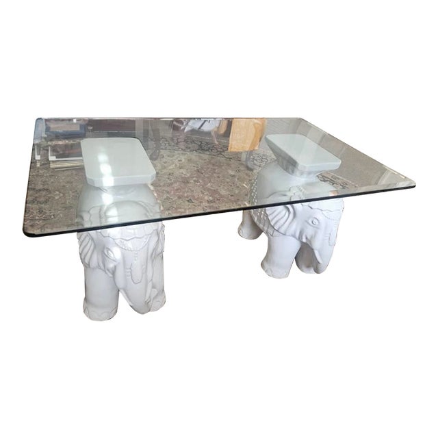 2 Vintage Hollywood Ceramic White Elephant With Glass Top For Sale