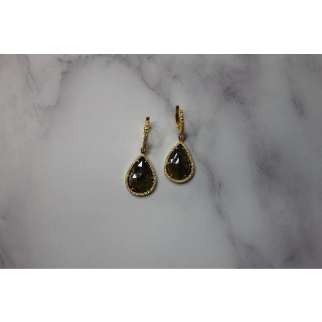 Golden Brown Black Sapphire Pear Drop Shape Sapphire Diamond Halo Gold Earrings, A Pair For Sale - Image 10 of 11
