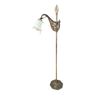 Early 20th Century Ornate Adjustable Bridge Arm Floor Lamp With Glass Shade For Sale