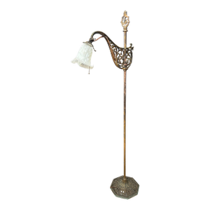 Early 20th Century Ornate Adjustable Bridge Arm Floor Lamp With Glass Shade