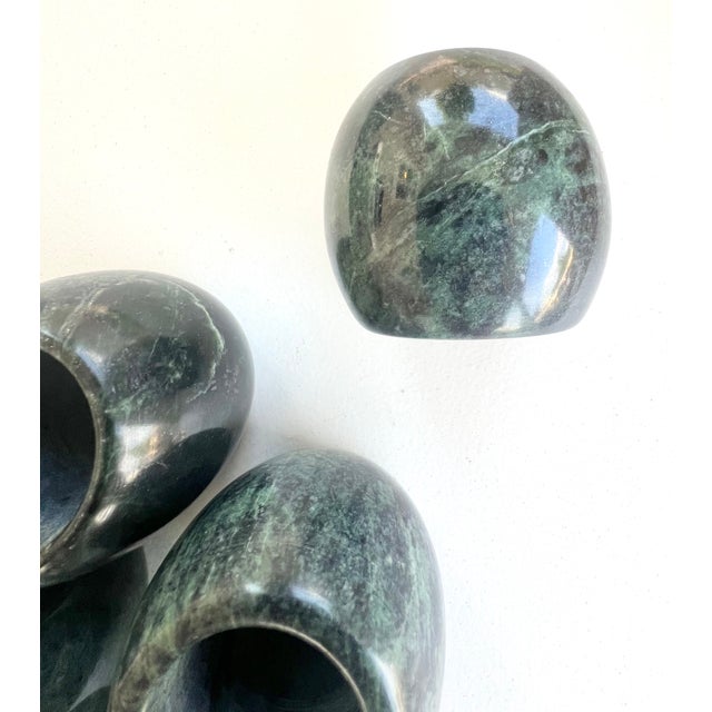 Beautiful vintage carved natural green stone napkin rings with lovely natural veining and substantial weight. They have a...