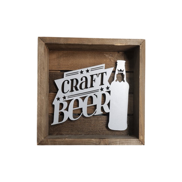 Contemporary Wooden Shadow Box With Metal Cutout "Craft Beer" Sign For Sale - Image 3 of 4