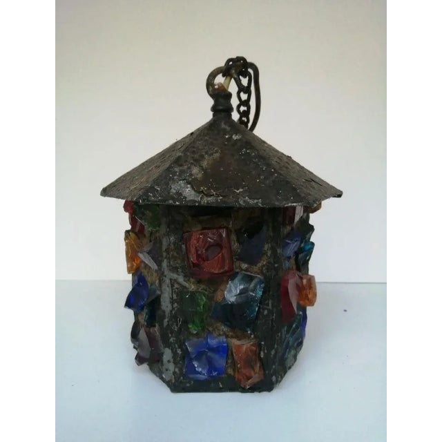 English Arts & Crafts Glass, Lead & Hammered Sheet Metal Porch Lantern by Peter Marsh, 1950s For Sale - Image 11 of 18