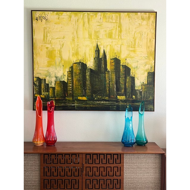 Lee Reynolds Vintage Lee Reynolds Cityscape Painting Mid Century Modern | Abstract Yellow Green Impasto Oil Canvas MCM Wall Art | Vanguard Studios Signed For Sale - Image 4 of 9