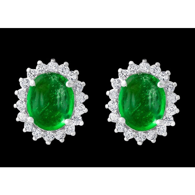 12 Ct Natural Emerald Zambia Cabochon & Diamond Stud Earring 14 Karat White Gold For Sale - Image 16 of 18