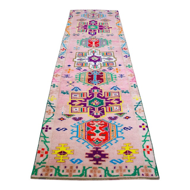 1970s Runner Rug Turkish Hand-Knotted Rug Pink Hallway Decor Kitchen Runner 3x10 Ft Approx For Sale