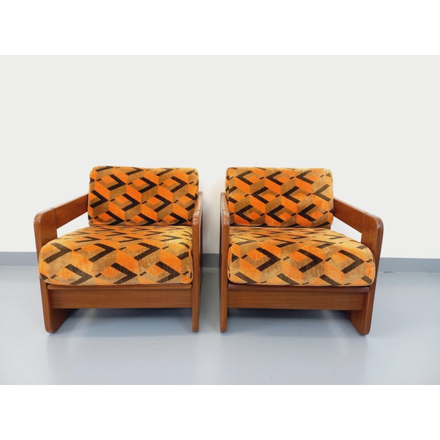 Set of Vintage Sled Chairs in Walnut and Velvet Fabric, 1970s For Sale - Image 9 of 18