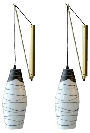 Czech Modernist Black and White Hand Painted Glass Wall Lamps, 1950s, Set of 2