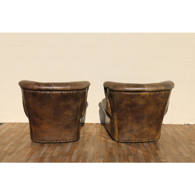 Animal Skin Pair of Restoration Hardware Churchill Tufted Leather Swivel Chairs | Vintage Distressed Cigar Leather Wingbacks For Sale - Image 7 of 18
