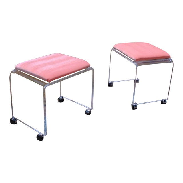Lucite & Blush Velvet Stools — Italy, 1970s For Sale