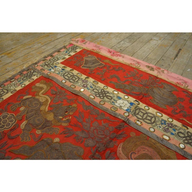 1920s Red Foo Dog Antique Chinese Silk Textiles Embroidery 3' X 3' Rug For Sale - Image 10 of 14