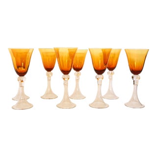 Amber Water Goblet Crystal Wine Stemware Set of 8 For Sale