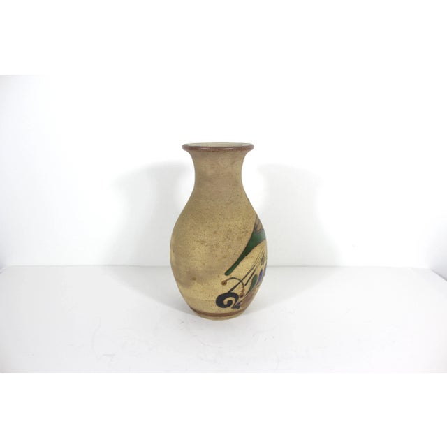 Ceramic Vintage Mexican Pottery Vase With Bird Blue Brown Tonala Mexico Glazed Interior Stoneware Vase Signed For Sale - Image 7 of 9
