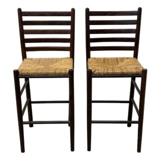 Mid-Century Italian Modern Rush and Wood High Back Stools - A Pair For Sale