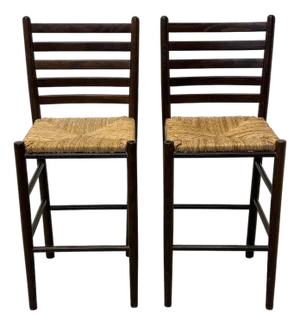 Mid-Century Italian Modern Rush and Wood High Back Stools - A Pair
